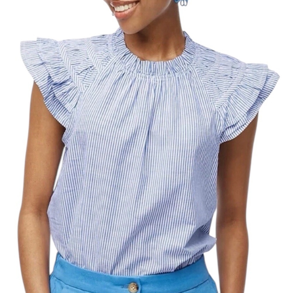 NEW J. CREW Factory Striped flutter-sleeve top blue & white cotton‎ Size small